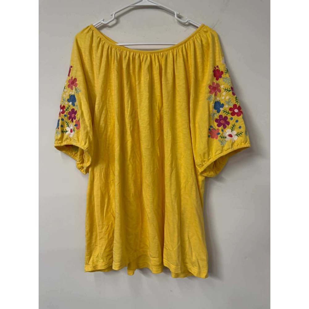 Talbots Plus 3x Petite Yellow Floral Embroidered Short Sleeve Knit Top